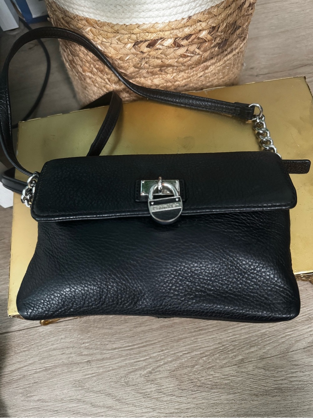 Calvin Klein Black Leather Crossbody with Silver Hardware